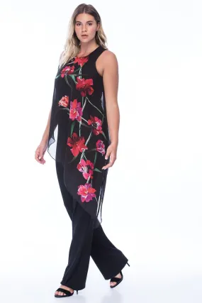16122 Black Floral Chiffon Top Knitted Jumpsuit