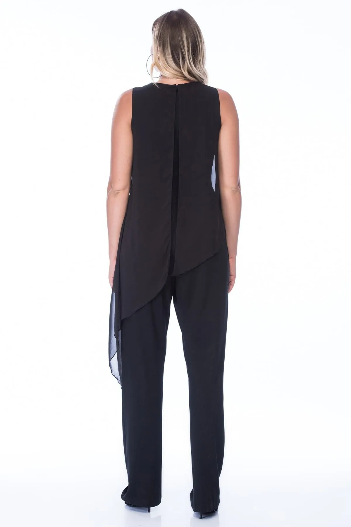16122 Black Floral Chiffon Top Knitted Jumpsuit