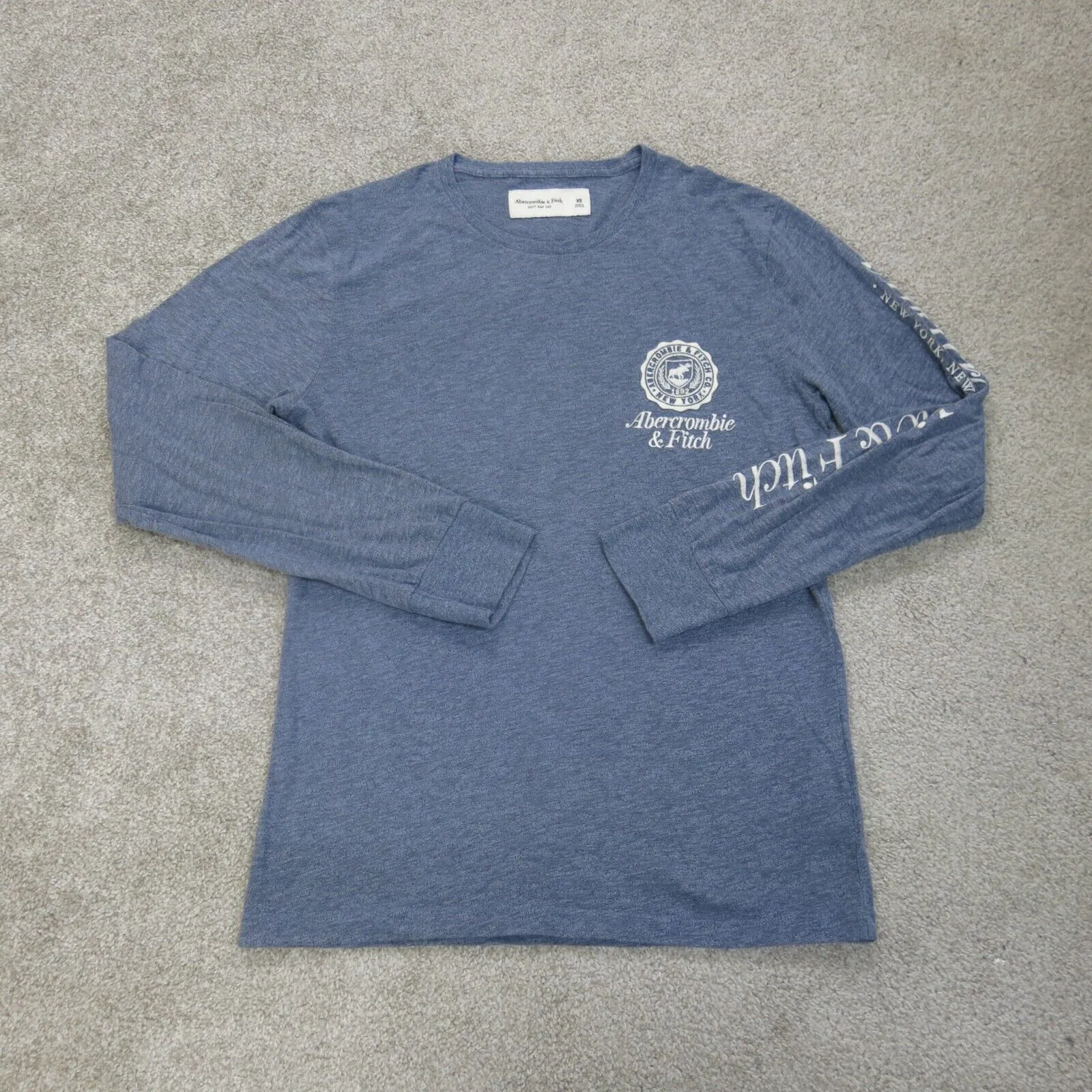 Abercrombie & Fitch Shirt Mens X Small Blue Long Sleeve Spell Out Crew Neck Logo