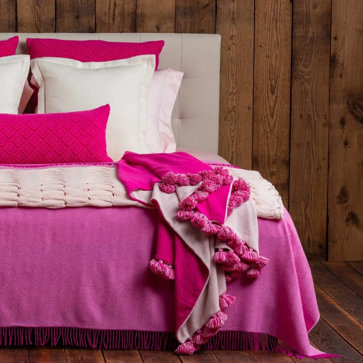 Alicia Adams Alpaca Bali Pompom Throw in Pink Powder and Shocking Pink