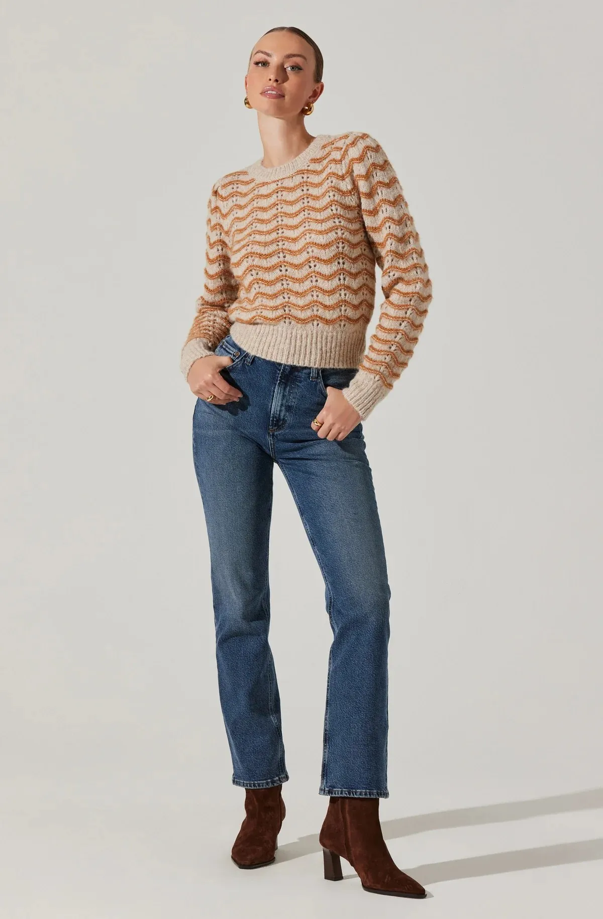 AST Jaylani Wavy Striped Sweater In Mustard Taupe