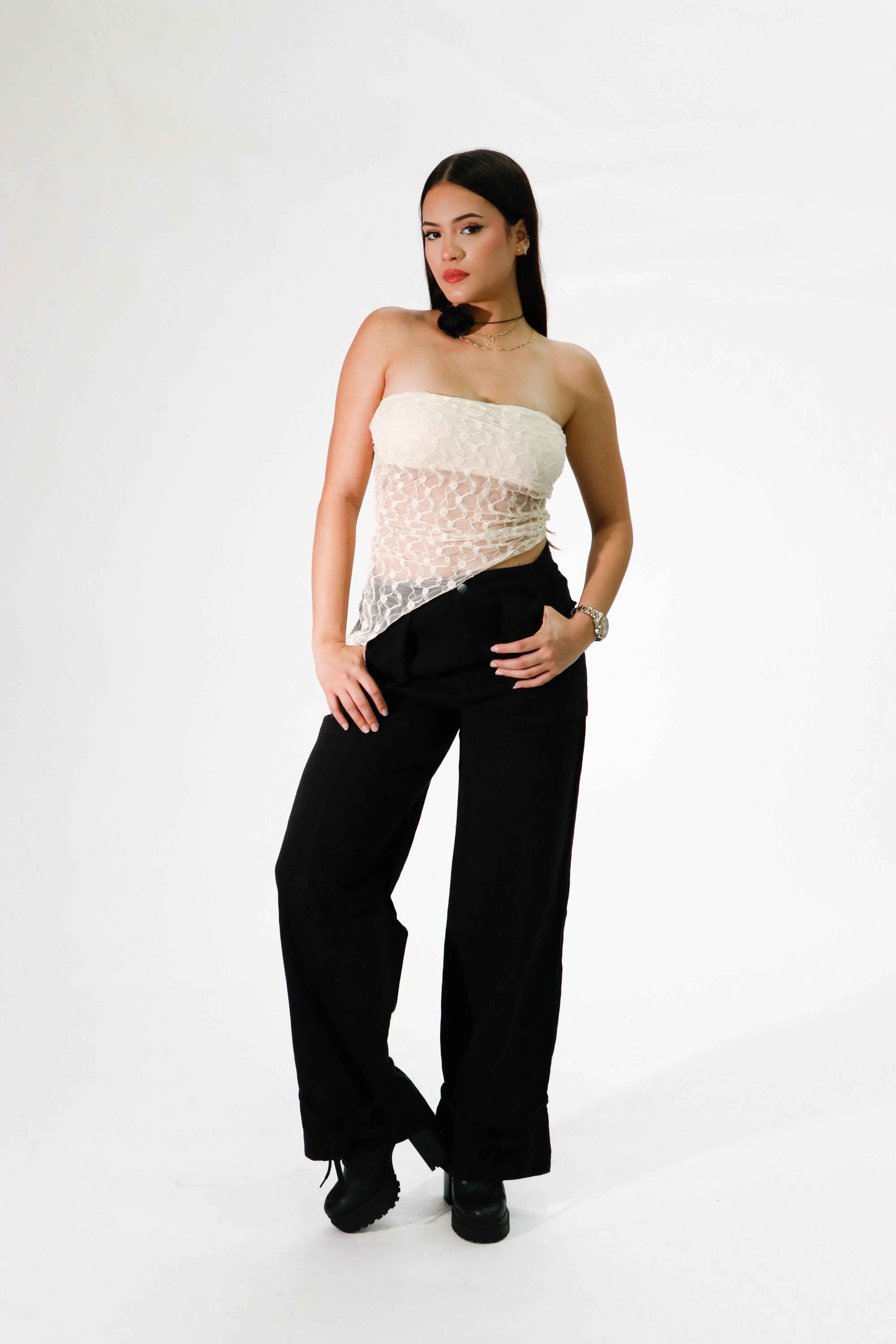 asymmetrical strapless mesh top