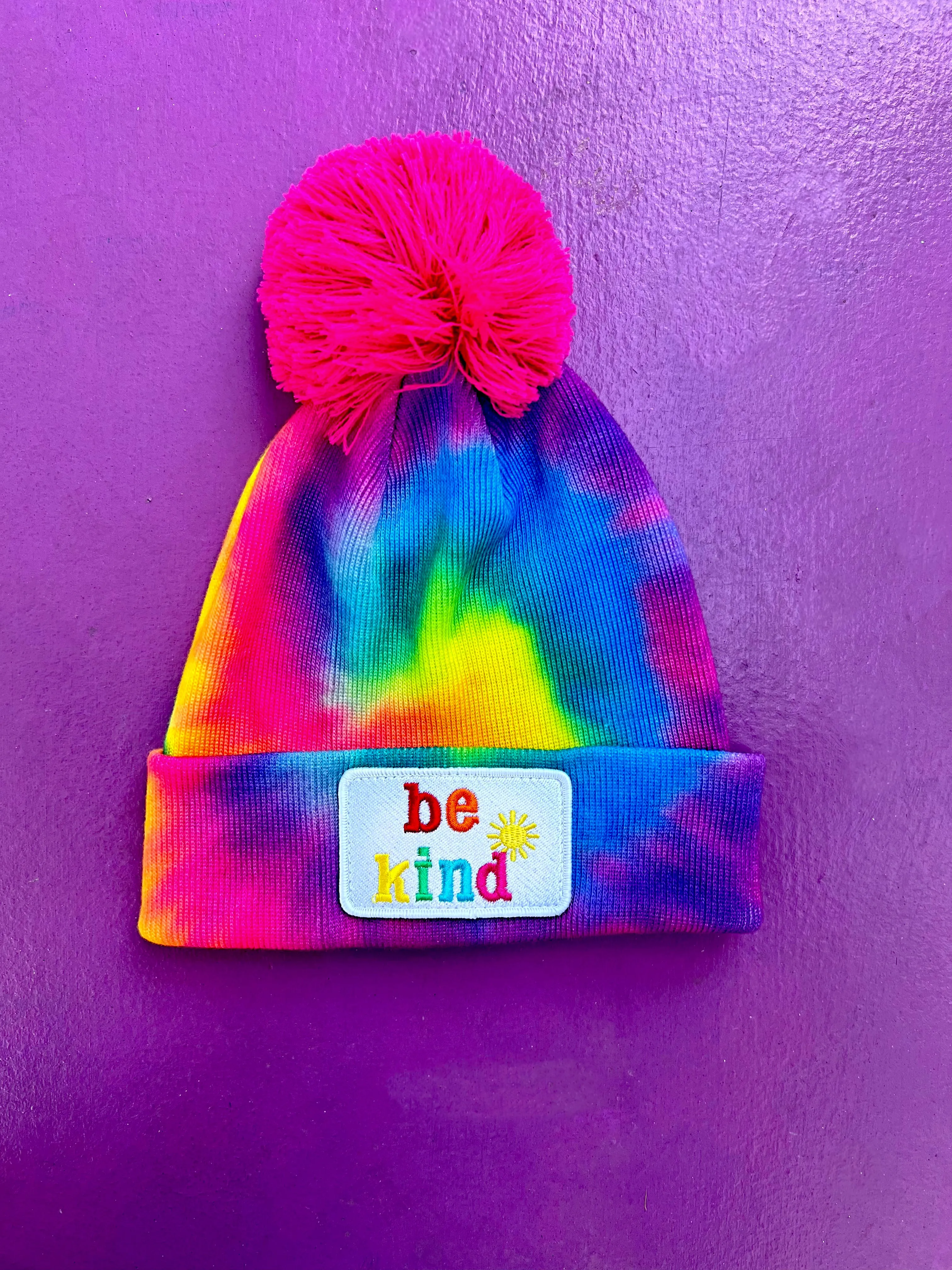 Be Kind Pom Pom Tie-Dye Beanie