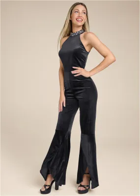 Beaded Mock-Neck Jumpsuit - Black