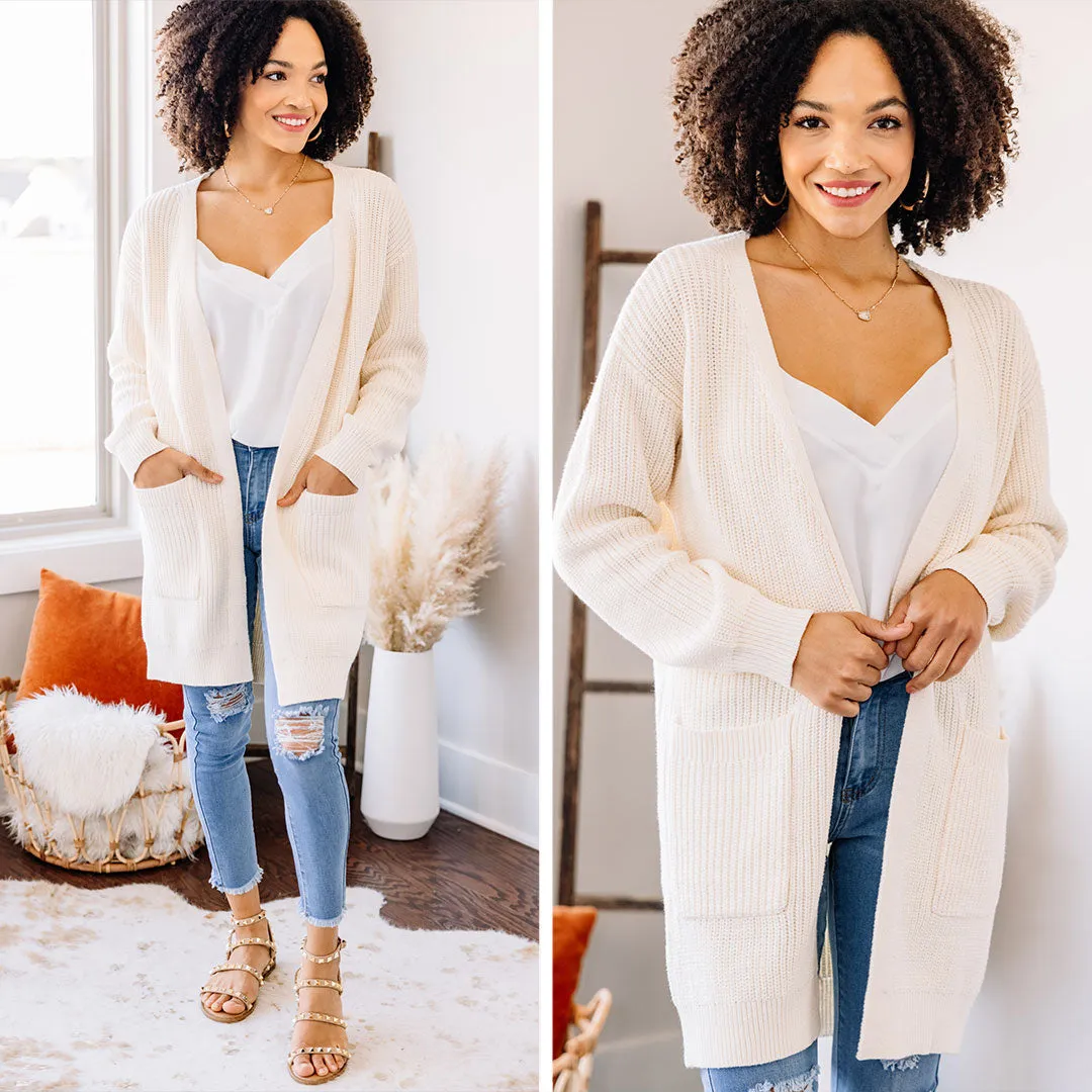 Been Here Waiting Oatmeal White Long Cardigan