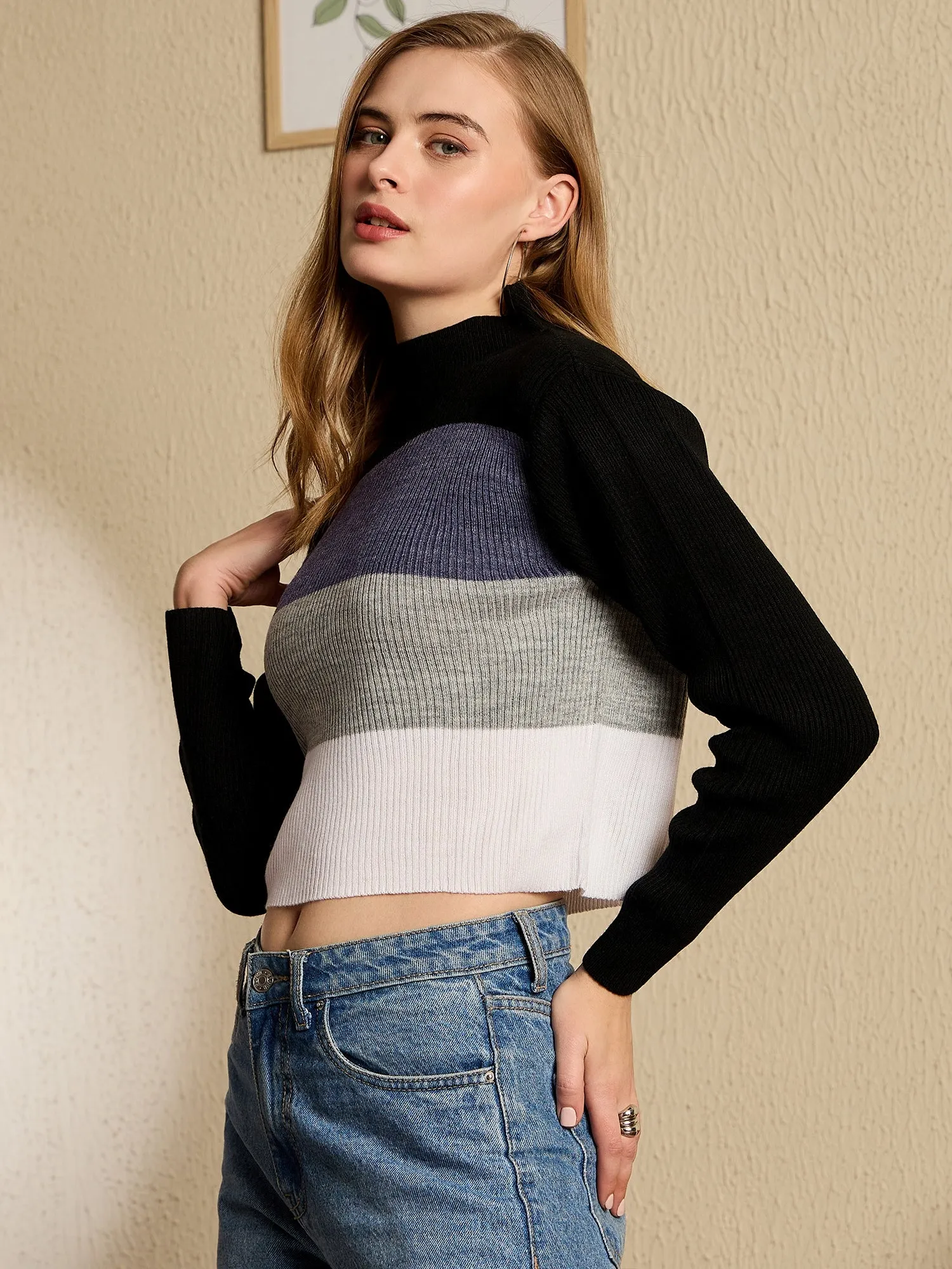Berrylush Women Black Colourblocked High Neck Full Sleeve Knitted Crop Sweater