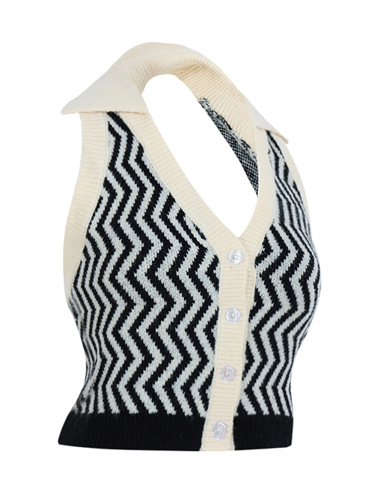Black 1950s Knitting Stripes Halter Button Tops