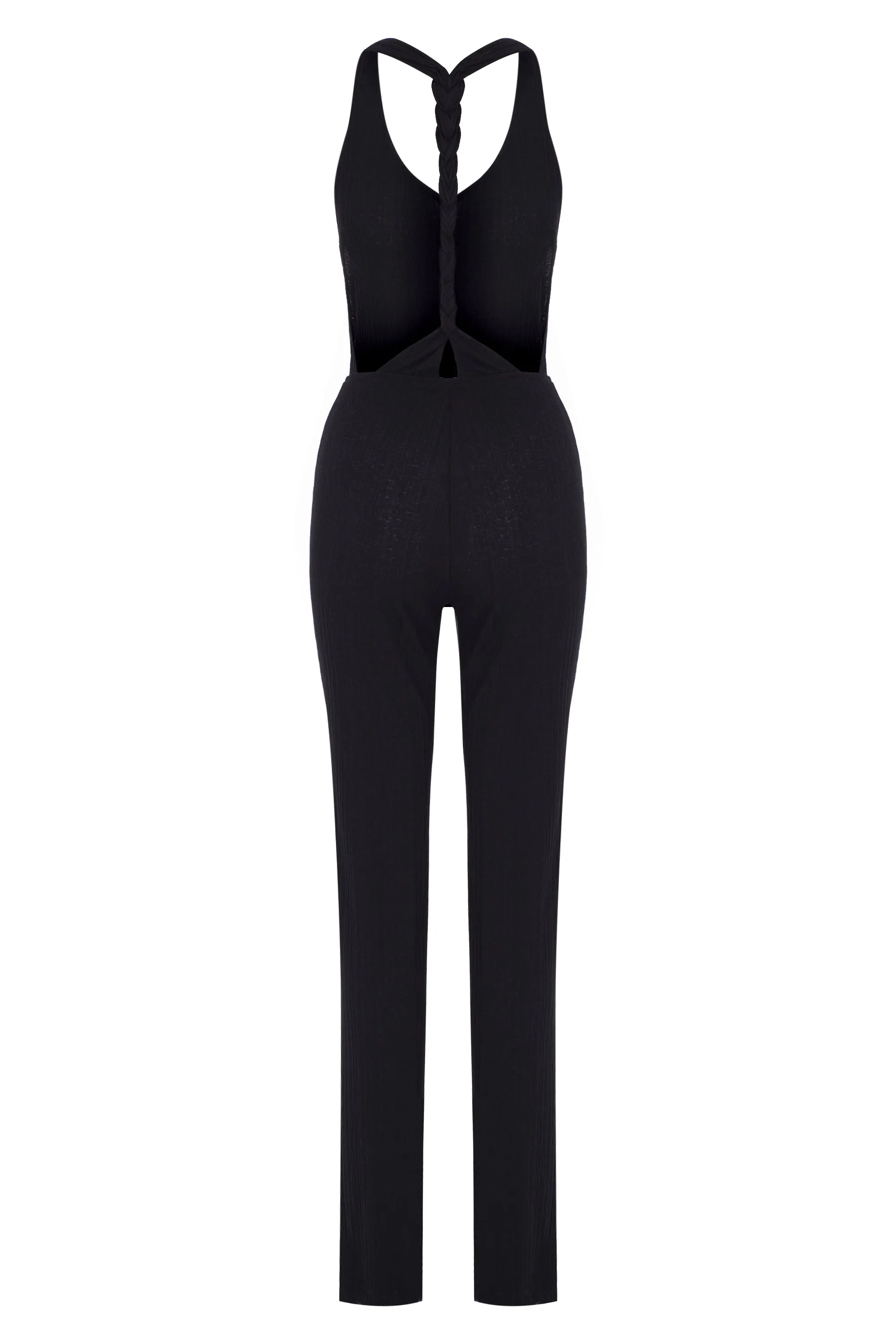 BLACK CRINKLED V-NECK BACK-KNOT DETAILED JUMPSUIT