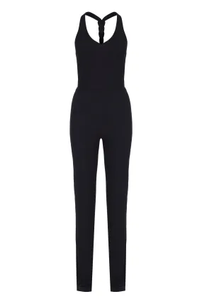 BLACK CRINKLED V-NECK BACK-KNOT DETAILED JUMPSUIT