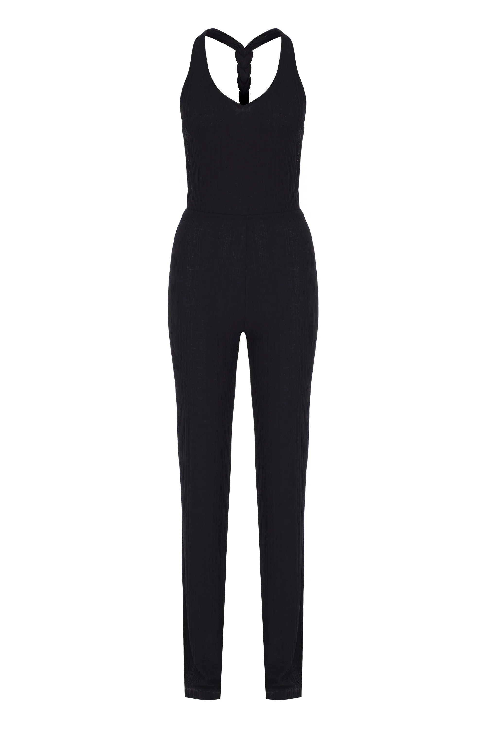 BLACK CRINKLED V-NECK BACK-KNOT DETAILED JUMPSUIT