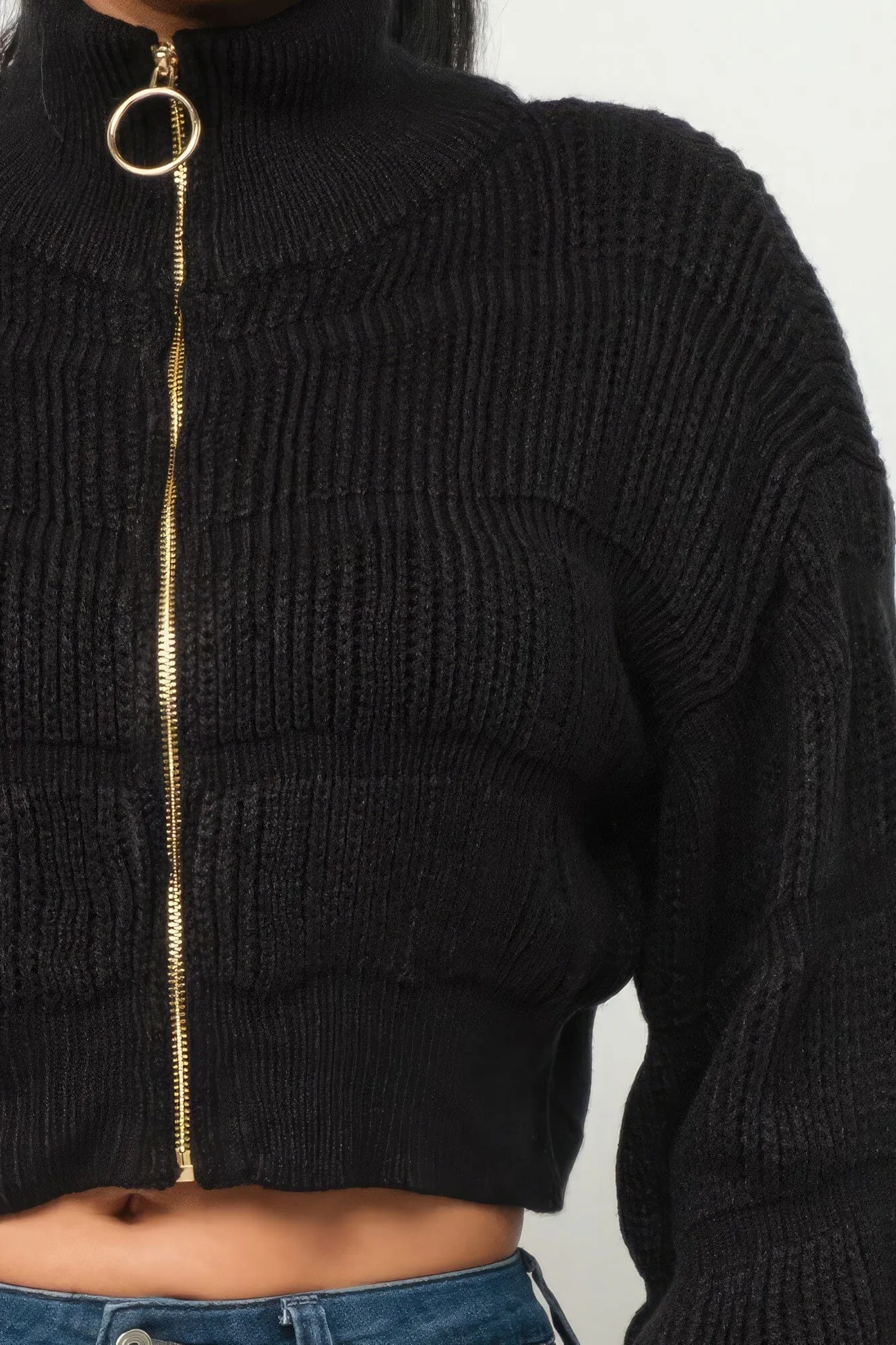 Black Michelin Front Zipper Sweater Crop Top_