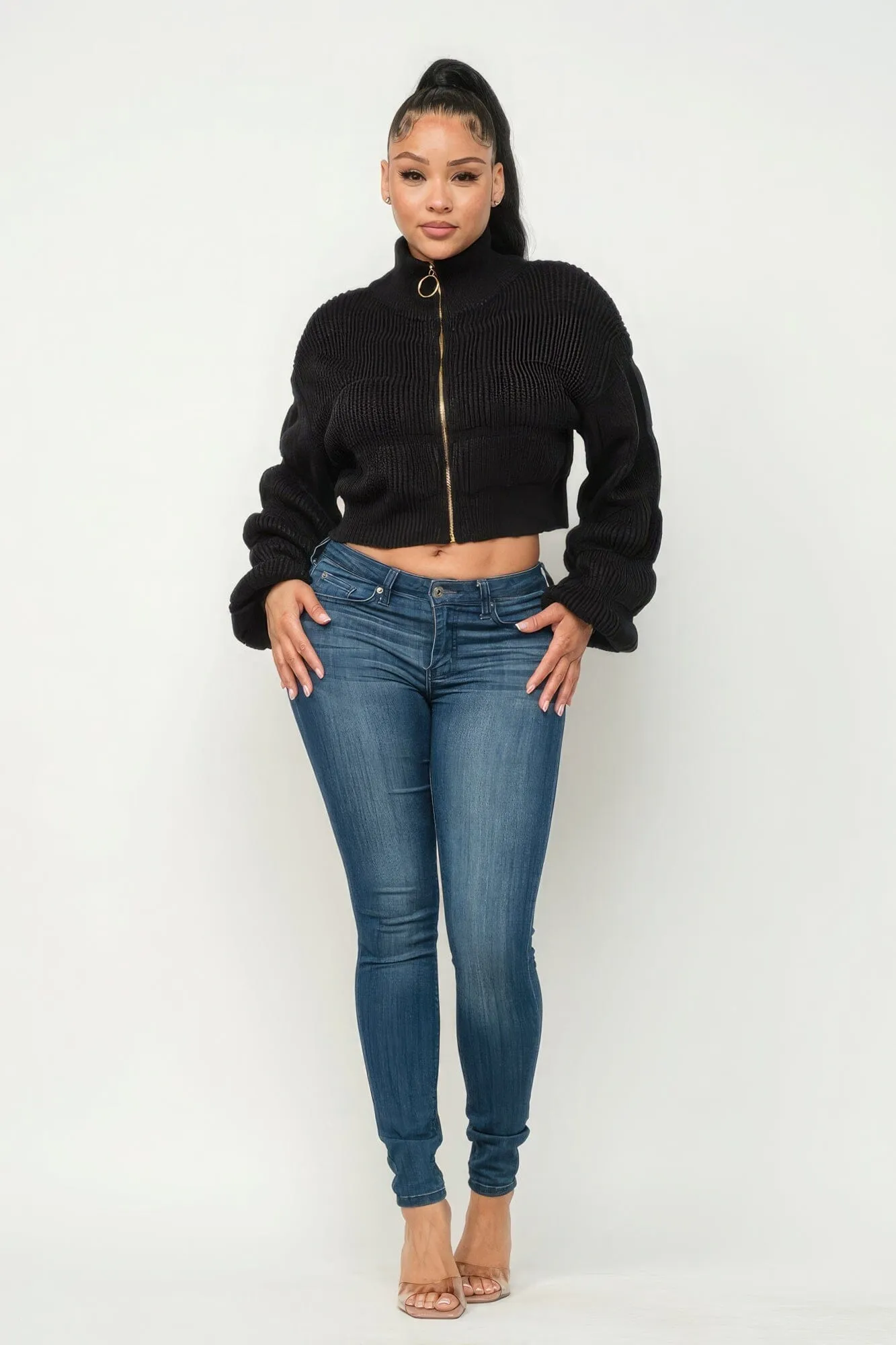 Black Michelin Front Zipper Sweater Crop Top_