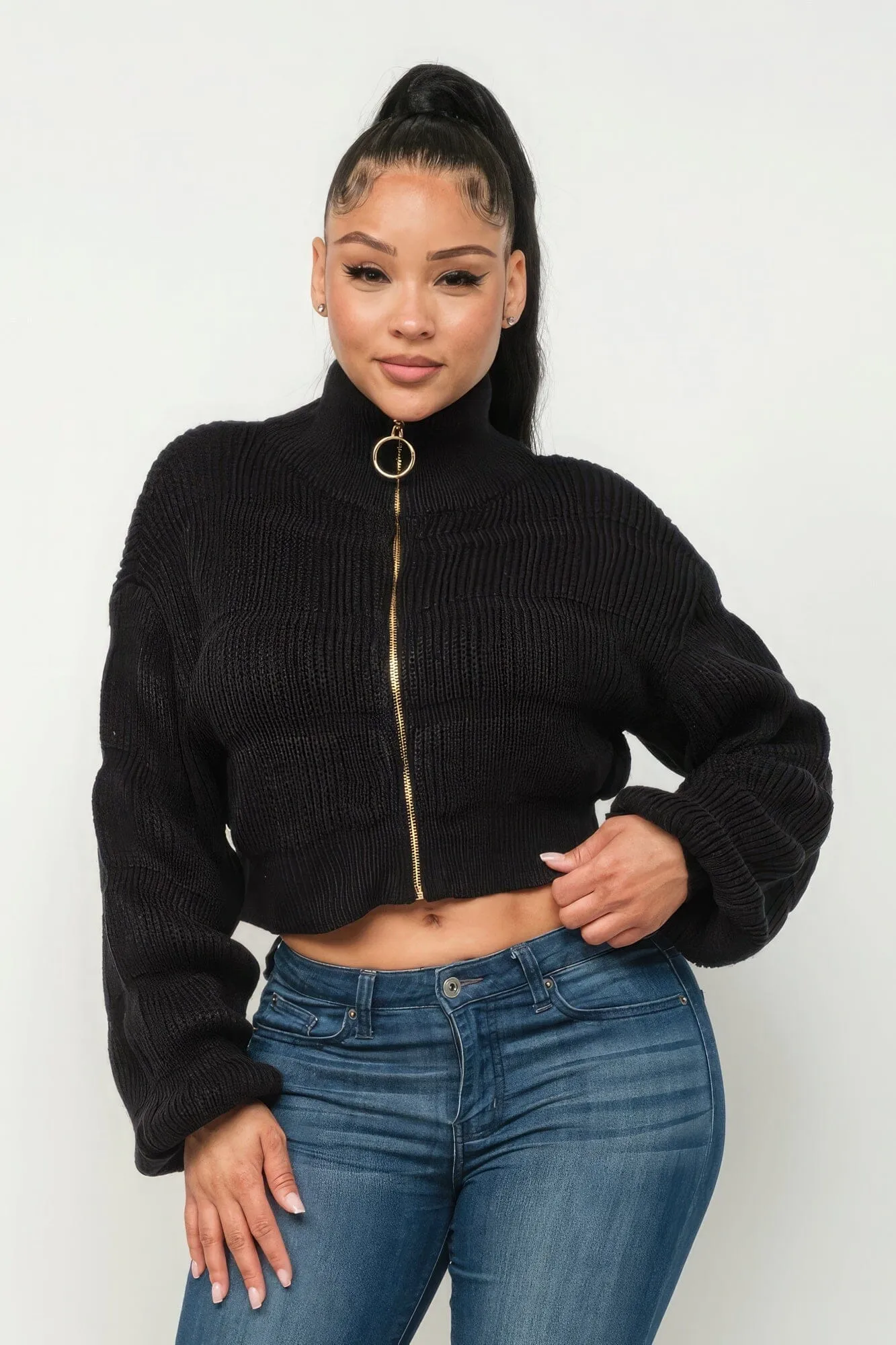 Black Michelin Front Zipper Sweater Crop Top_