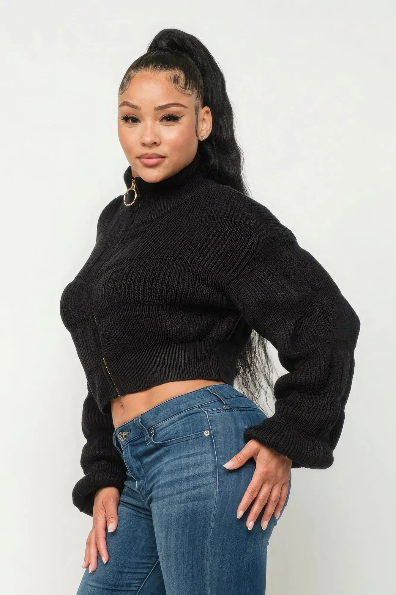 Black Michelin Front Zipper Sweater Crop Top_