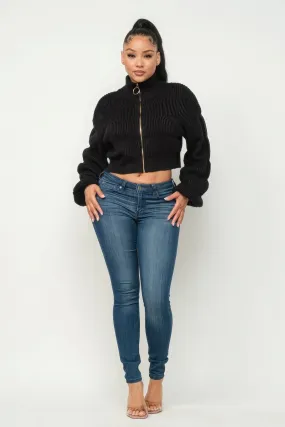 Black Michelin Front Zipper Sweater Crop Top_