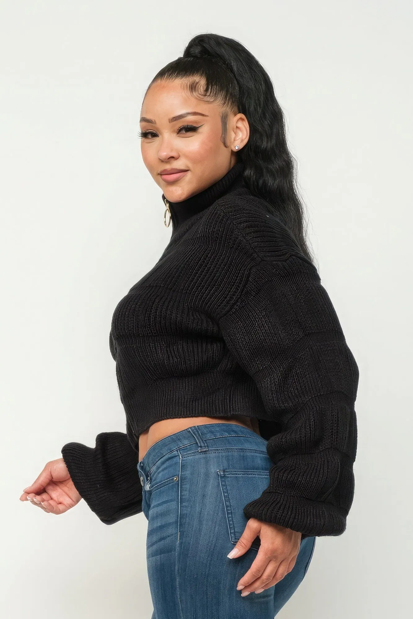 Black Michelin Front Zipper Sweater Crop Top_