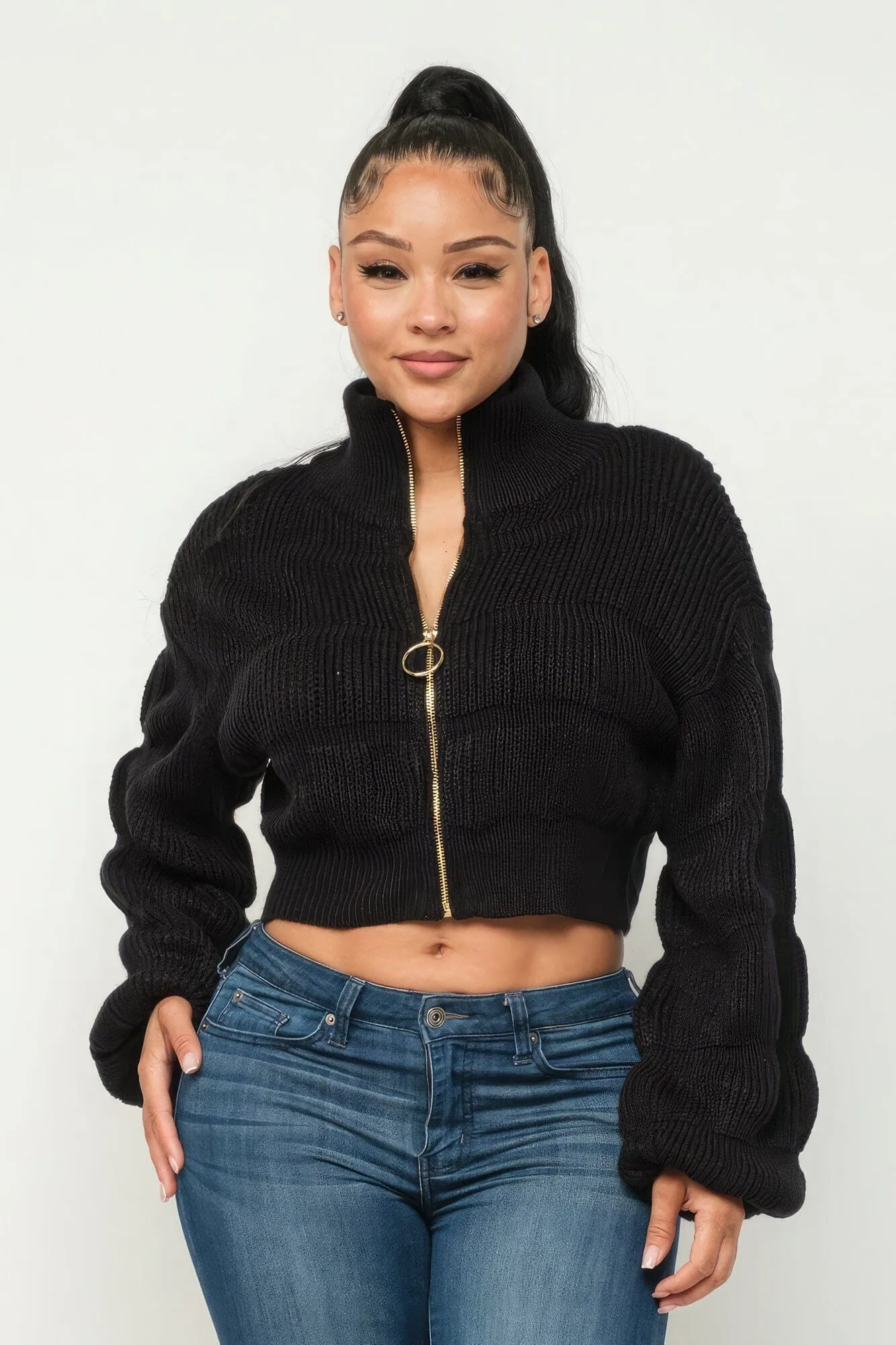 Black Michelin Front Zipper Sweater Crop Top_