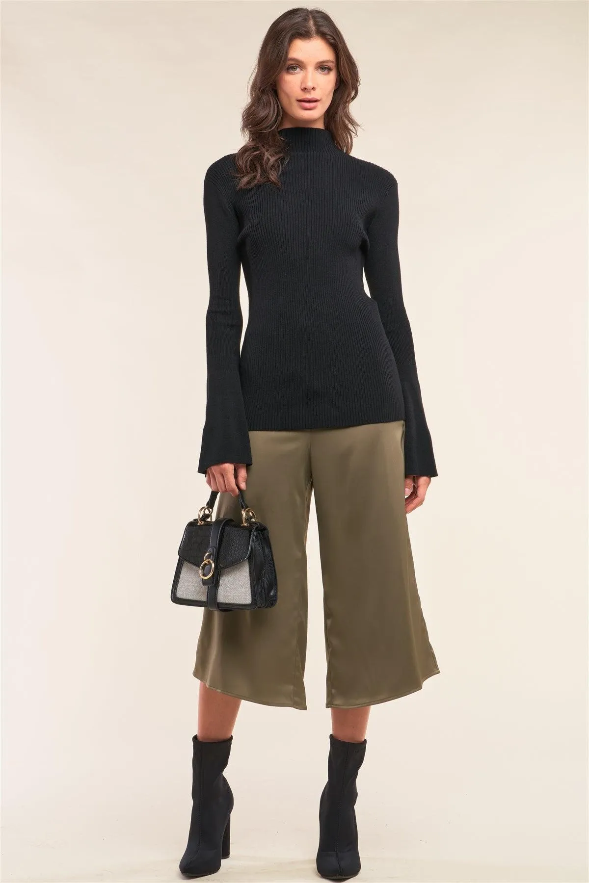 Black Ribbed Semi-Turtleneck Long Trumpet Sleeve Fitted Sweater /2-3