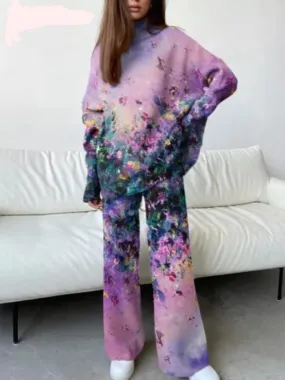 Botvotee Women Pant Sets Print Full Length Wide Leg Loose Trousers 2 Piece   Long Sleeve Turtleneck Tops 2023 Casual Fashion New 070161996