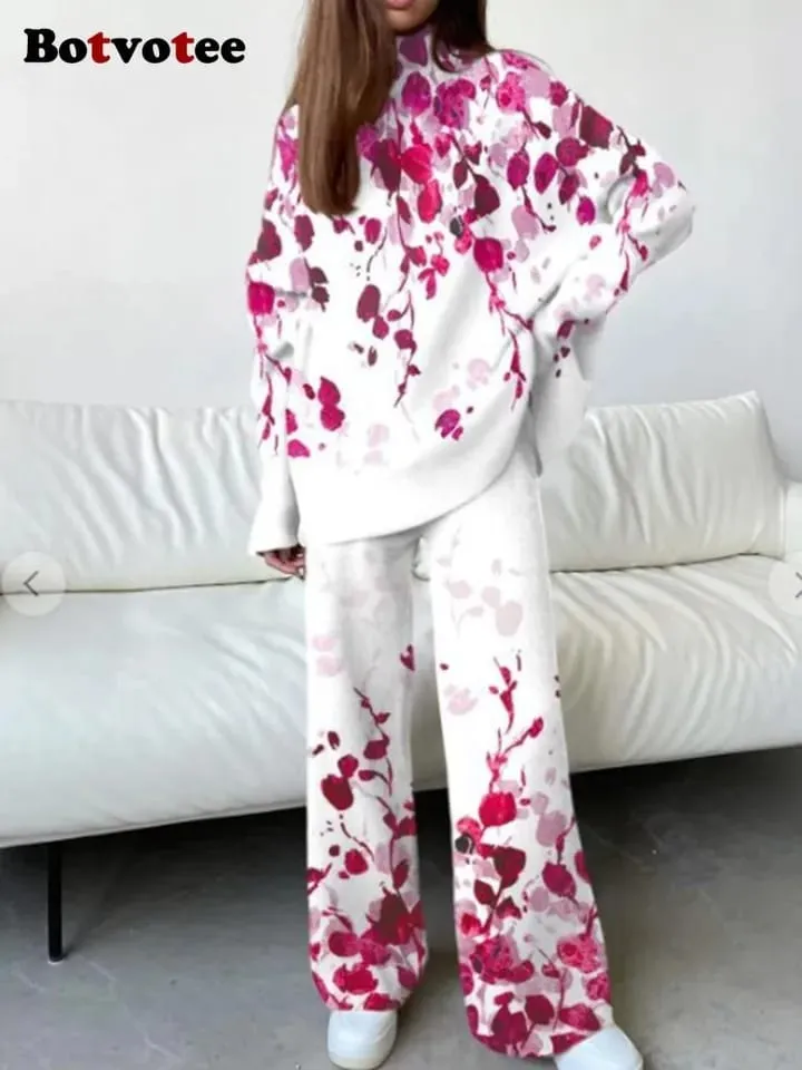 Botvotee Women Pant Sets Print Full Length Wide Leg Loose Trousers 2 Piece   Long Sleeve Turtleneck Tops 2023 Casual Fashion New 070161996