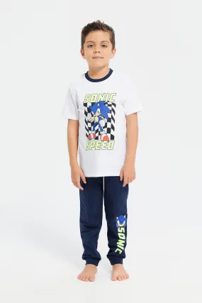 Boys White And Navy Sonic Print Pyjama Set (2 Piece)