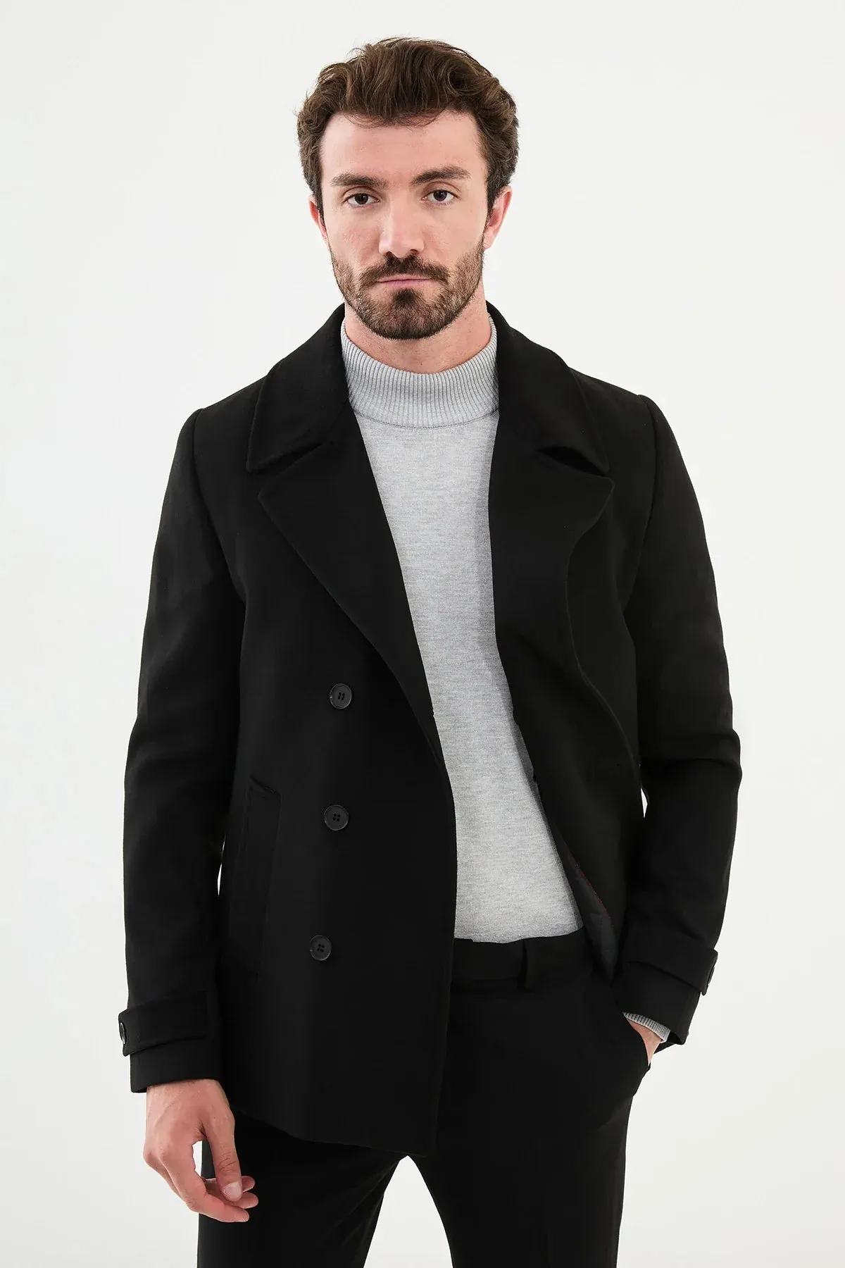 Brabion Eden Plain Slim Fit Wool Black Coat