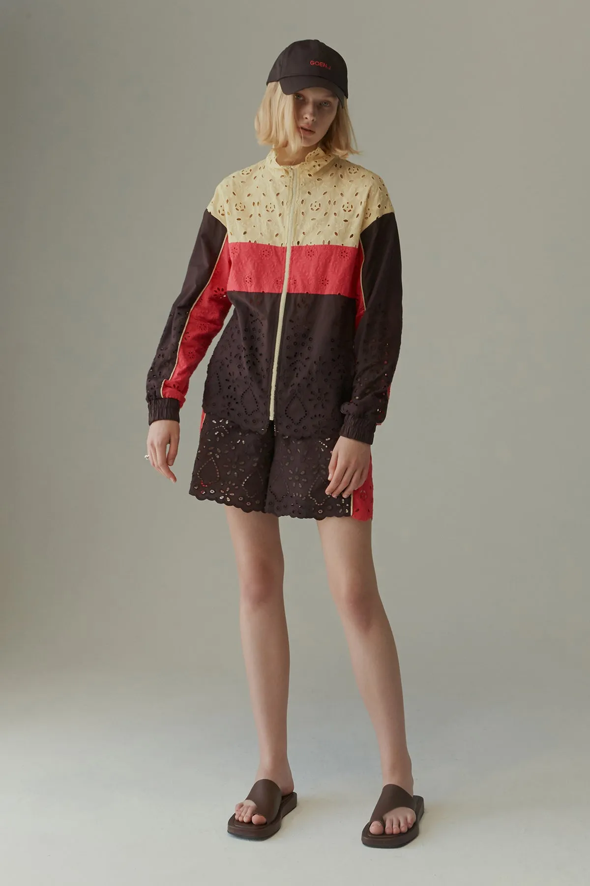 Broderie-anglaise colorblocked track jacket