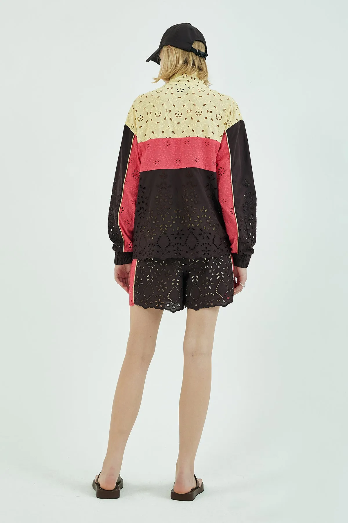 Broderie-anglaise colorblocked track jacket
