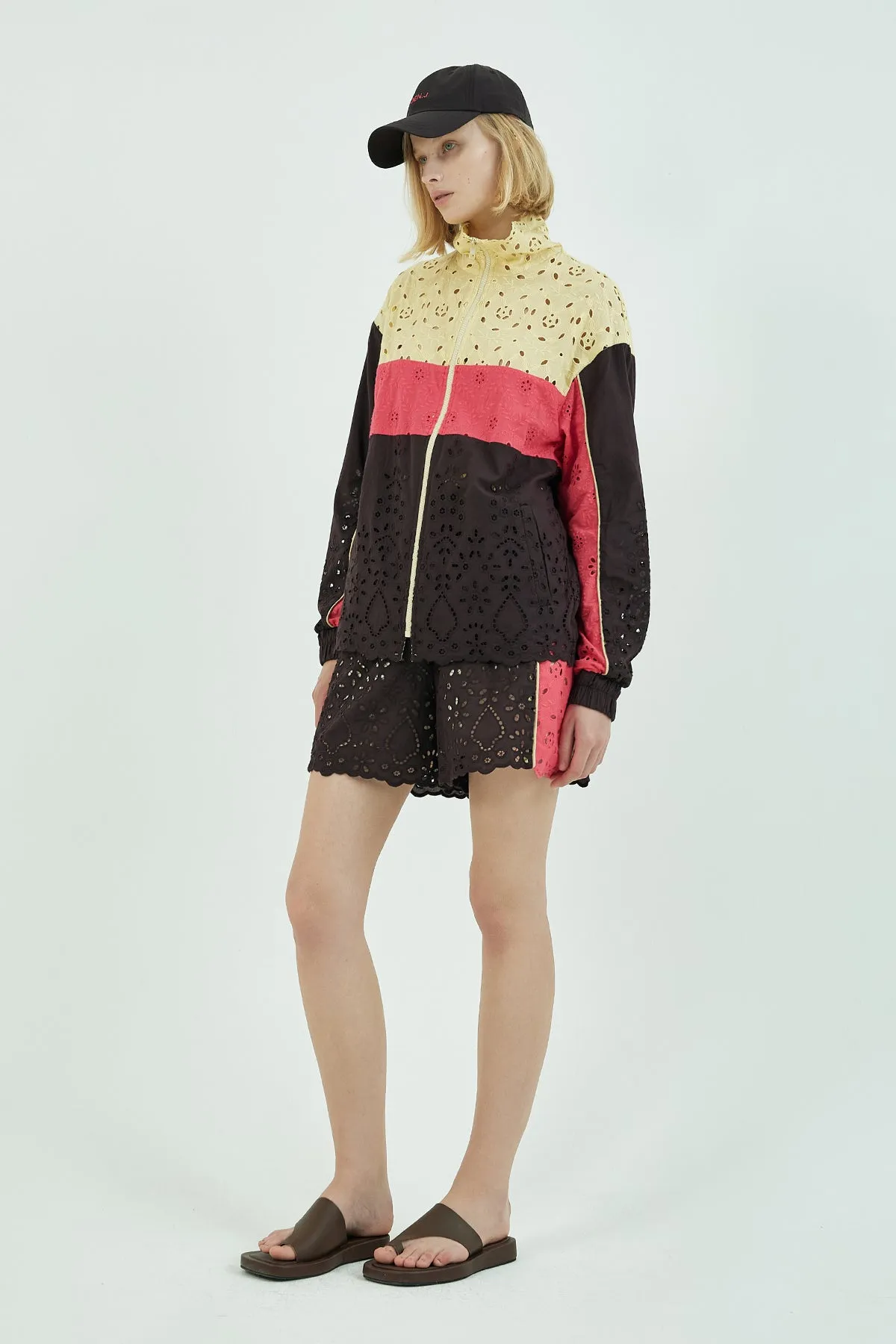 Broderie-anglaise colorblocked track jacket