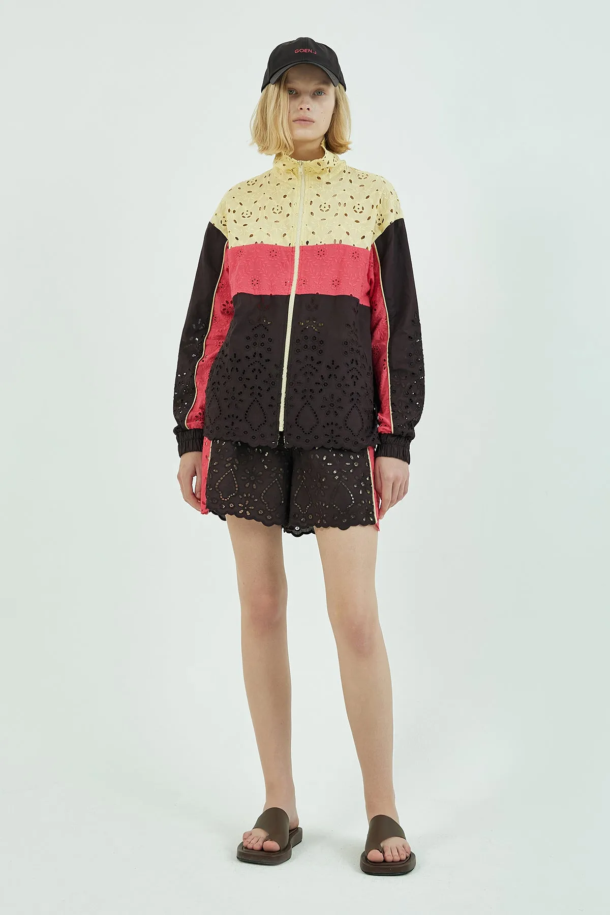 Broderie-anglaise colorblocked track jacket