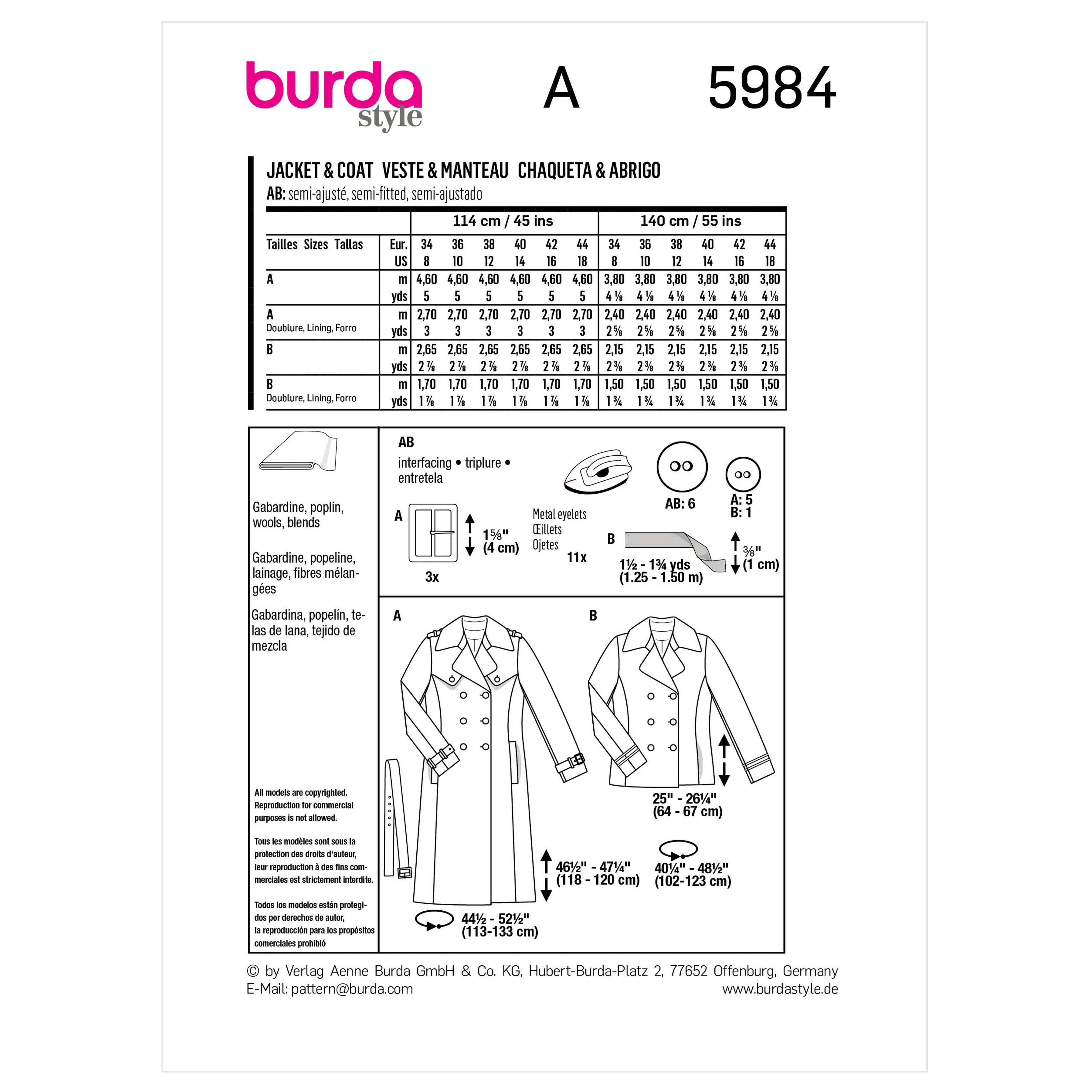 Burda Sewing Pattern 5984 Misses' Caban Jacket and Trench Coat