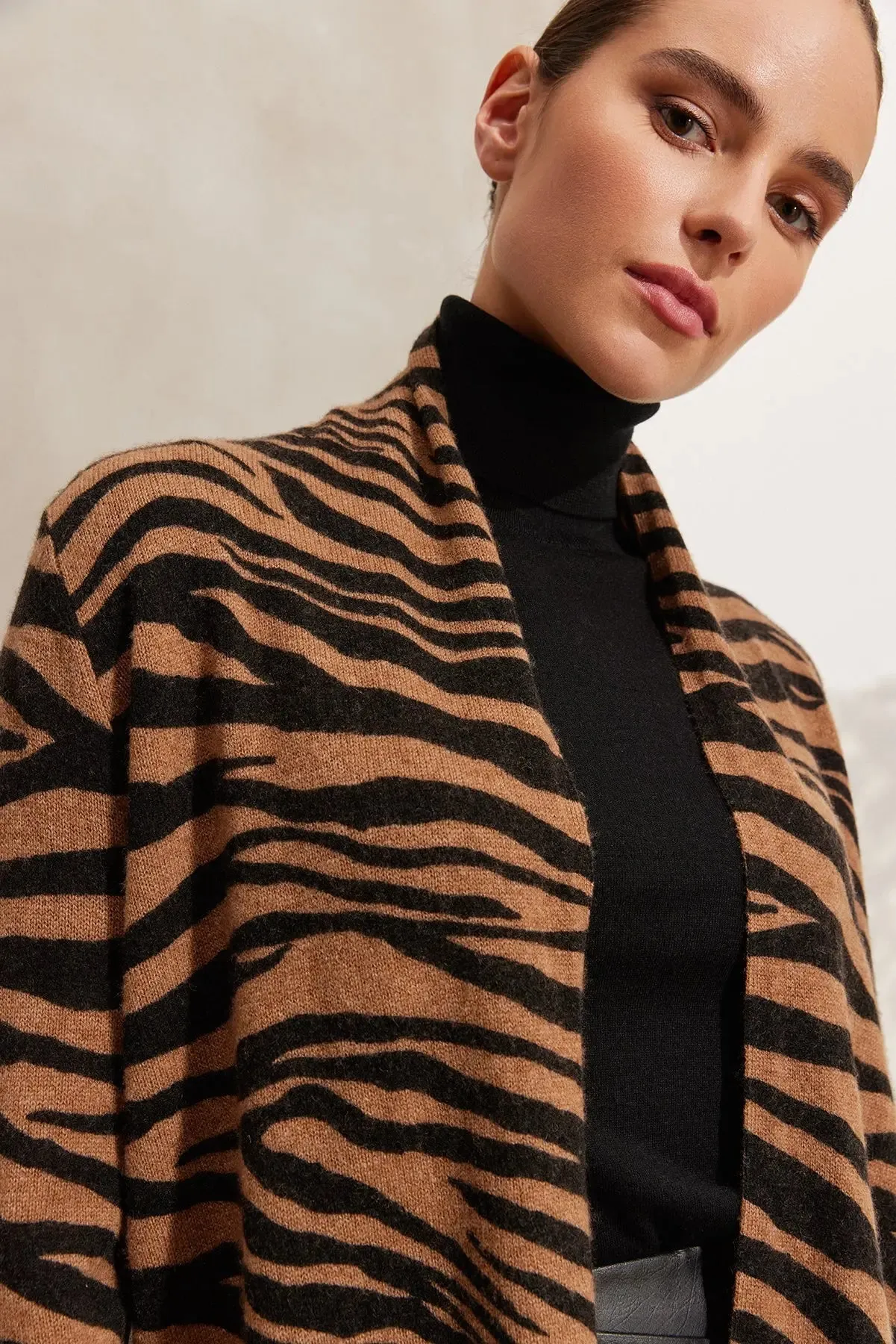 Camel Cashmere Wool Zebra Women's Cardigan