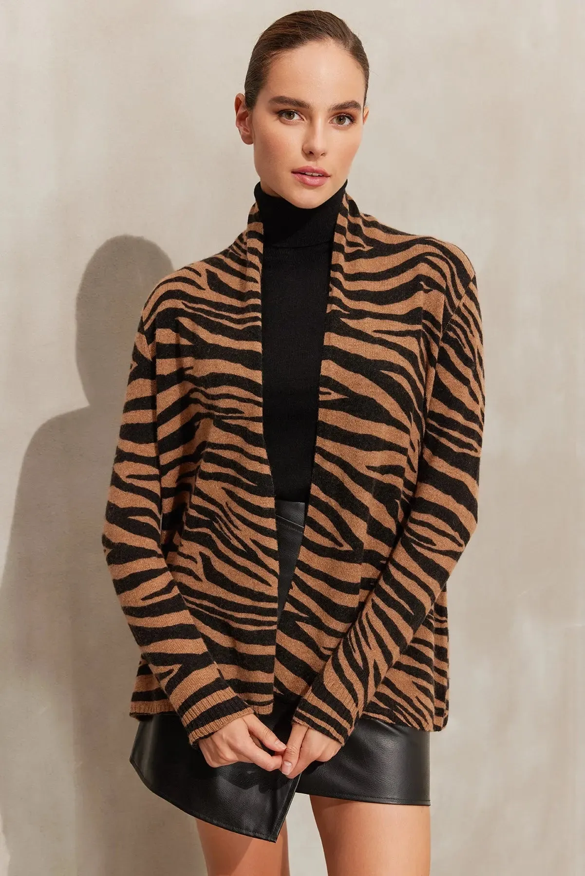 Camel Cashmere Wool Zebra Women's Cardigan