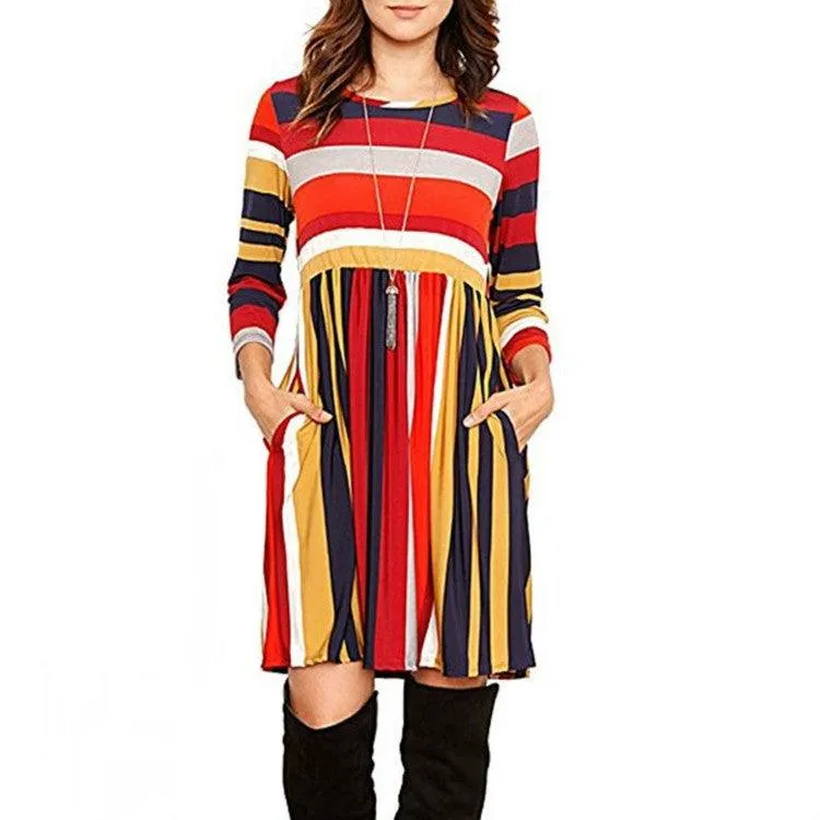 Casual Long-Sleeved Color Block Turtleneck Dress with Stripes