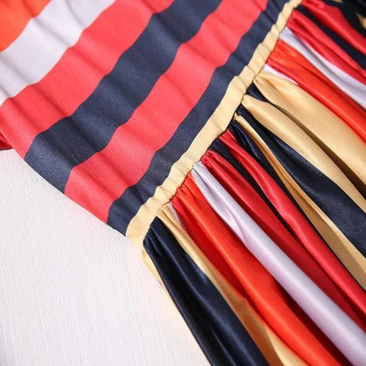 Casual Long-Sleeved Color Block Turtleneck Dress with Stripes