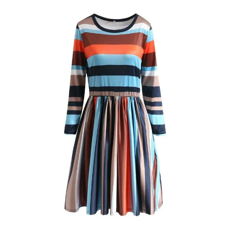 Casual Long-Sleeved Color Block Turtleneck Dress with Stripes