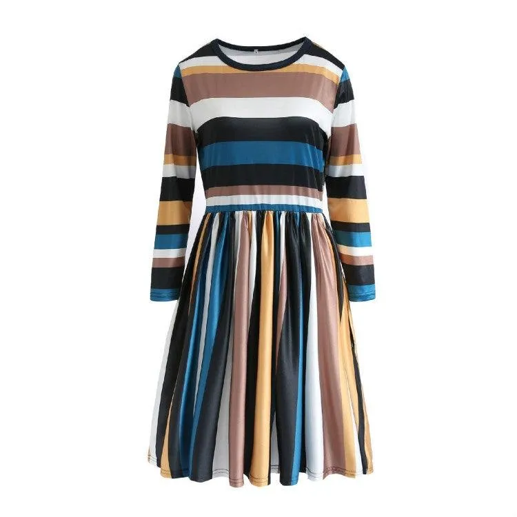 Casual Long-Sleeved Color Block Turtleneck Dress with Stripes