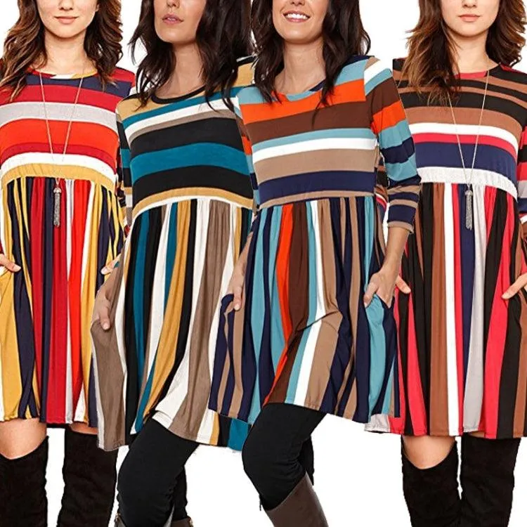 Casual Long-Sleeved Color Block Turtleneck Dress with Stripes