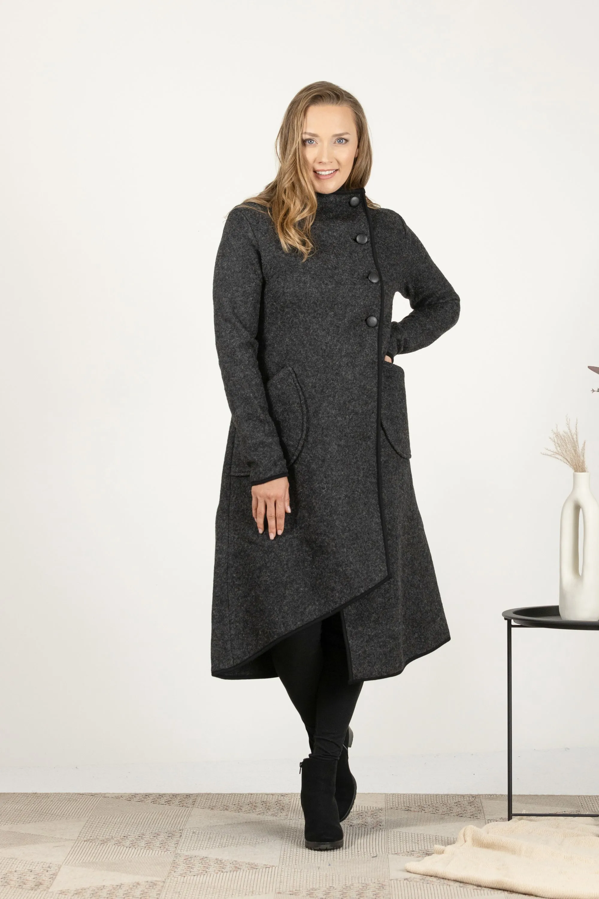 Charcoal Boiled Wool Coat with Pockets