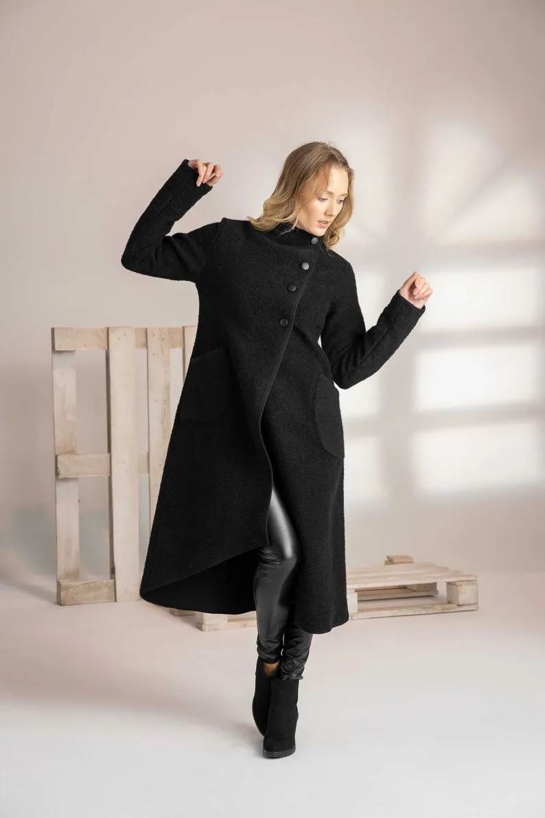 Charcoal Boiled Wool Coat with Pockets