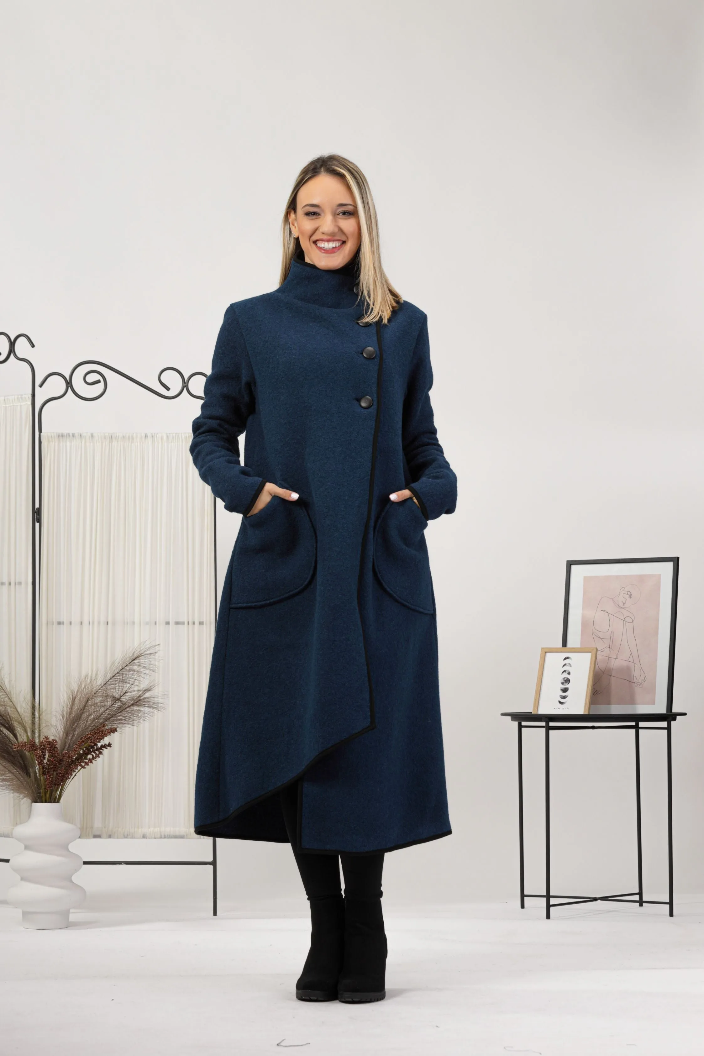 Charcoal Boiled Wool Coat with Pockets