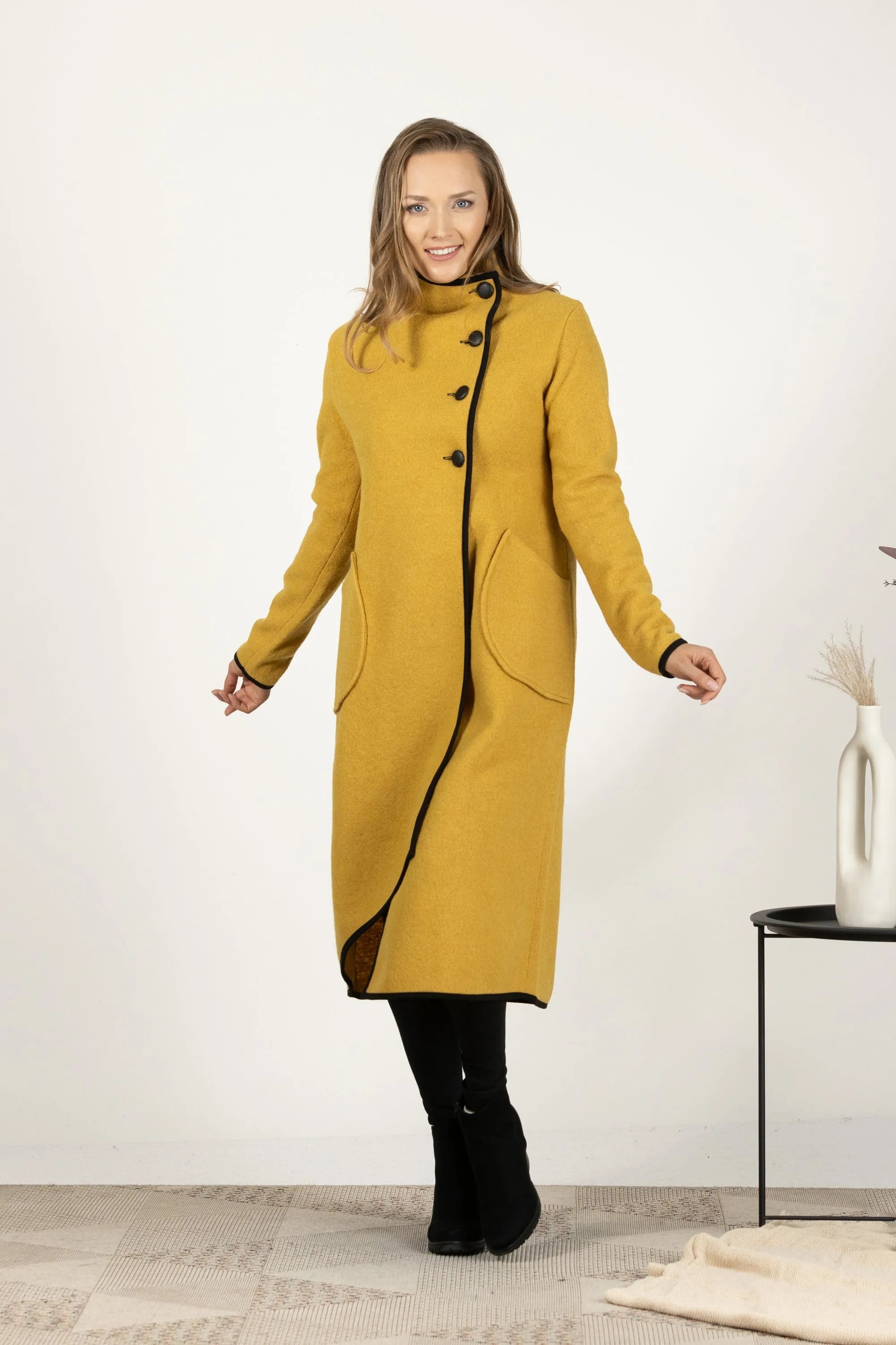 Charcoal Boiled Wool Coat with Pockets