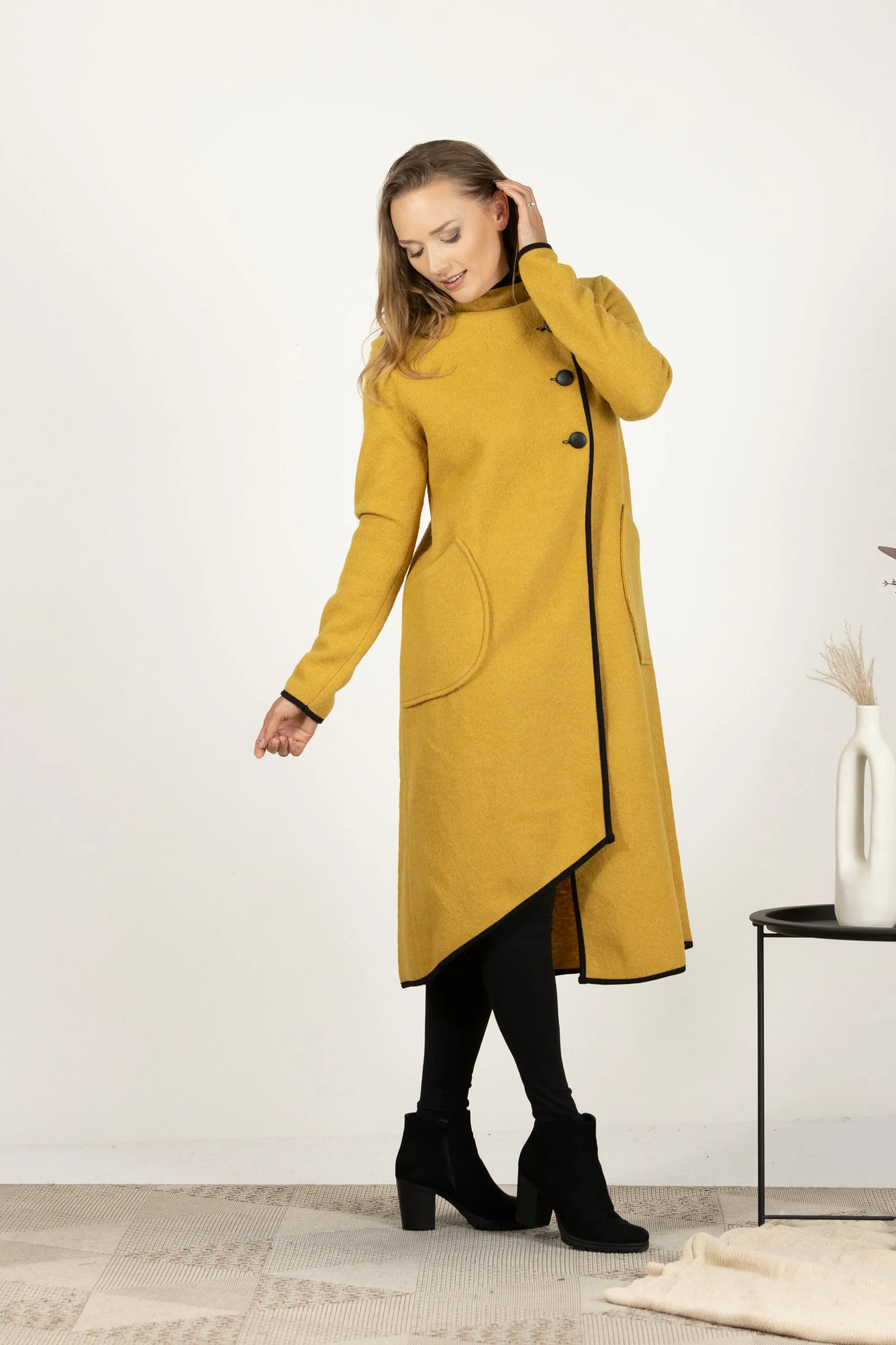 Charcoal Boiled Wool Coat with Pockets