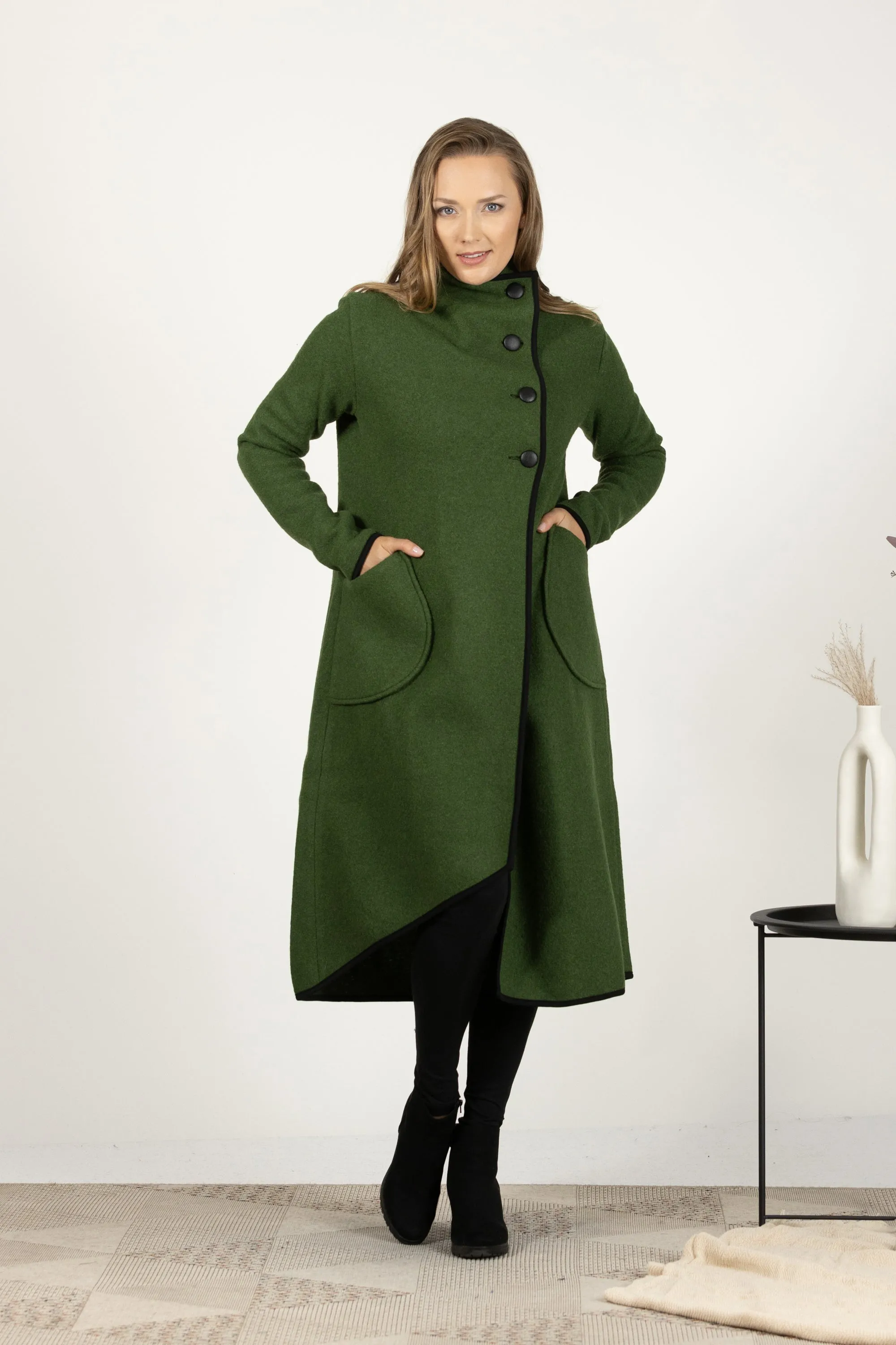 Charcoal Boiled Wool Coat with Pockets