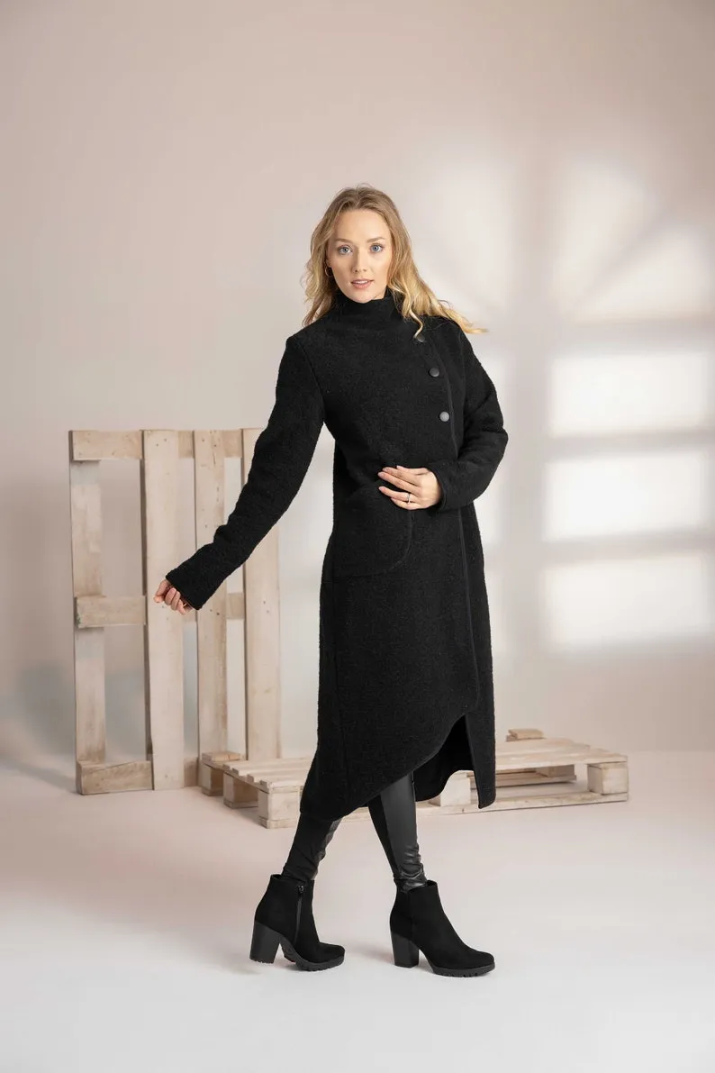 Charcoal Boiled Wool Coat with Pockets