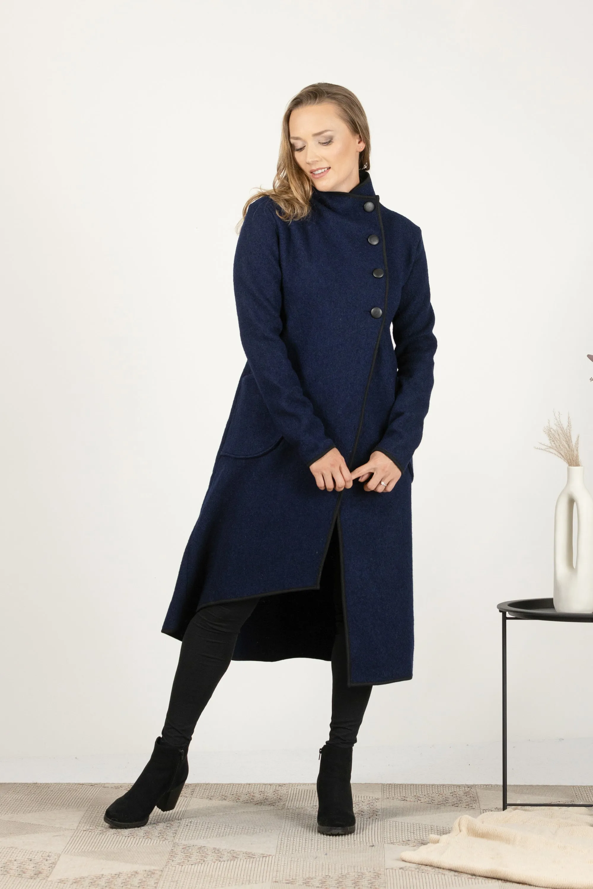Charcoal Boiled Wool Coat with Pockets
