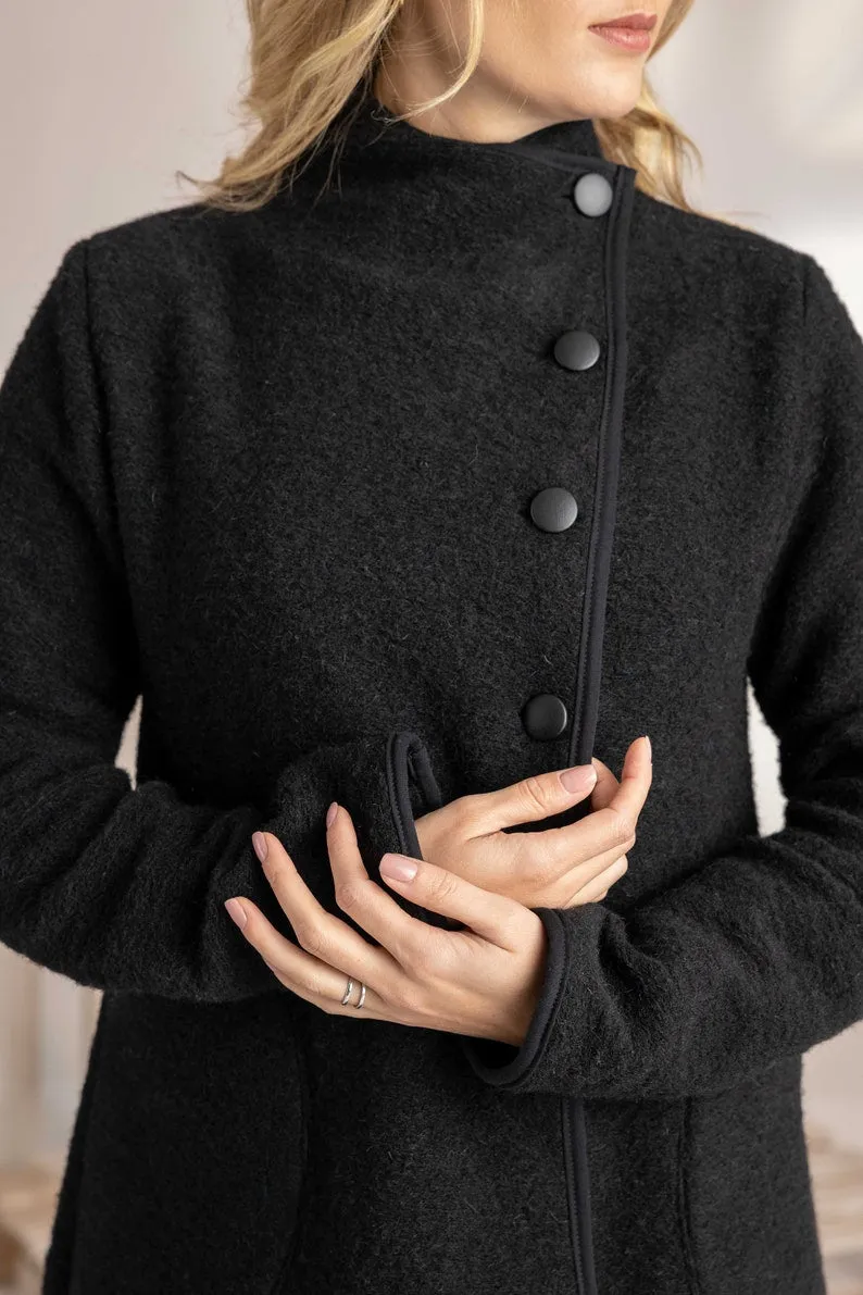 Charcoal Boiled Wool Coat with Pockets