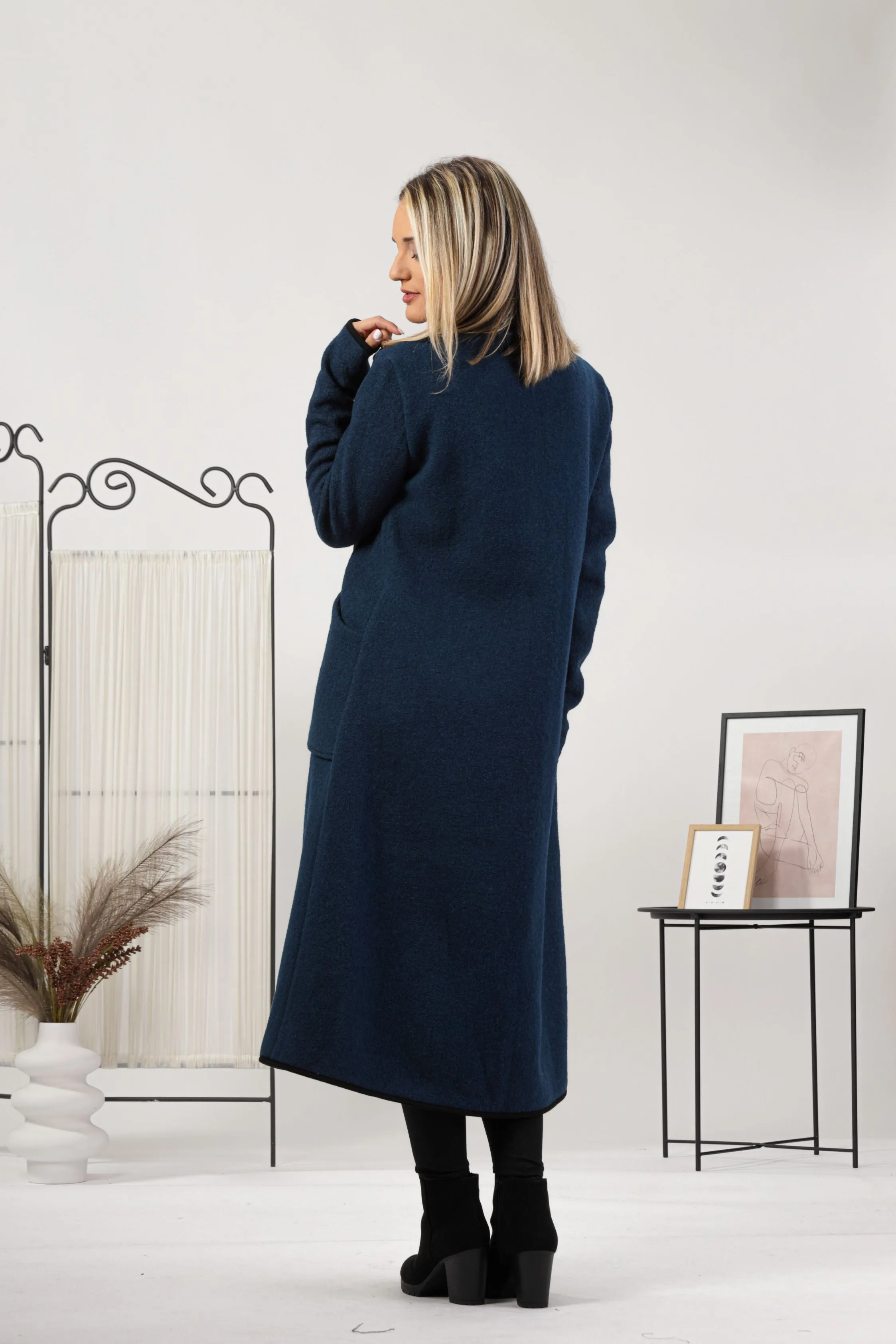 Charcoal Boiled Wool Coat with Pockets