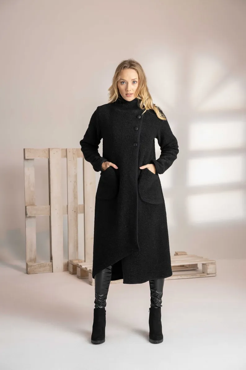 Charcoal Boiled Wool Coat with Pockets