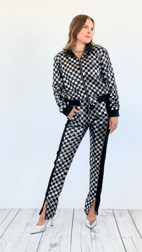Checkered Sequin Jacket and Pants Set -Silver
